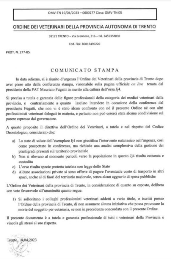 Sì, il comunicato dell'Ordine Veterinari di Trento sull'orsa è autentico