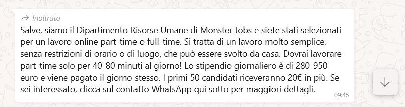 Attenti alla truffa del "lavoro facile via WhatsApp" del falso Monster Jobs