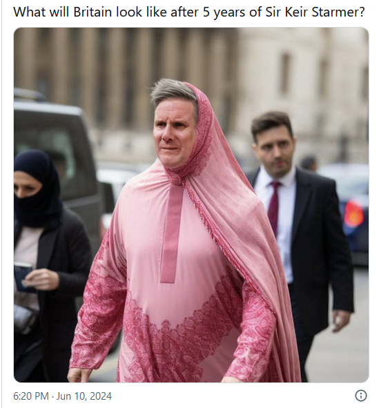 Anche questa foto del Primo Ministro Starmer in burka rosa è un caso di slop