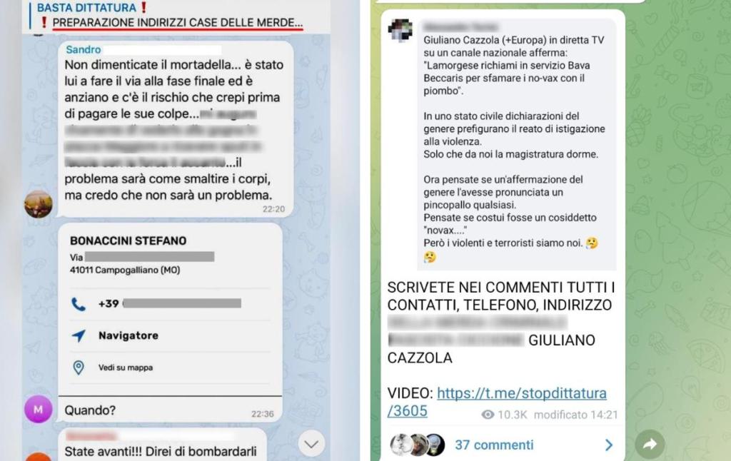 Canali Telegram con liste di proscrizione, insulti e minacce, fonte Corriere di Bologna