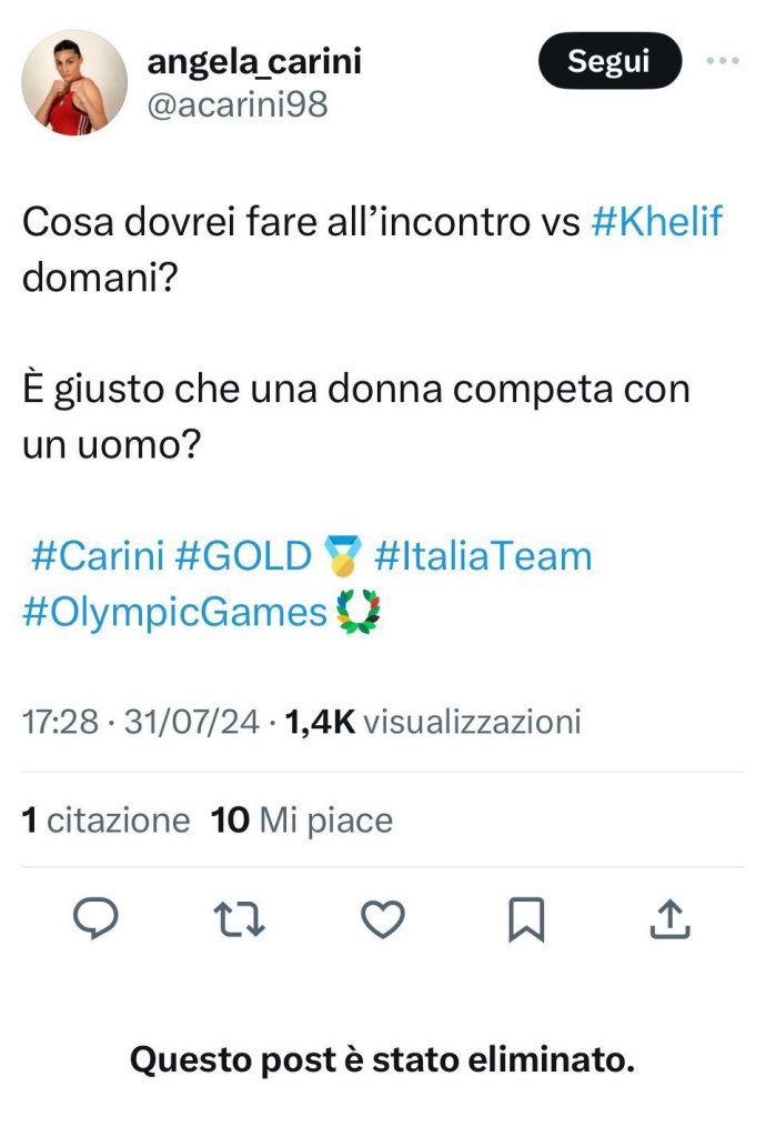 No, questo non è un post X di Angela Carini contro Imane Khelif (e neppure il suo account)