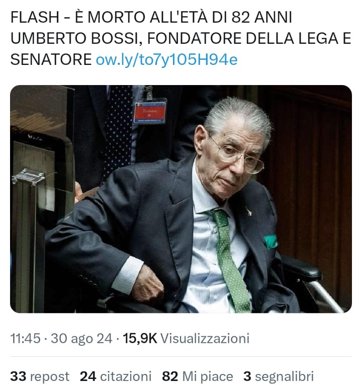 Diffusa bufala sulla morte di Umberto Bossi: il figlio dichiara "gli allungate la vita"