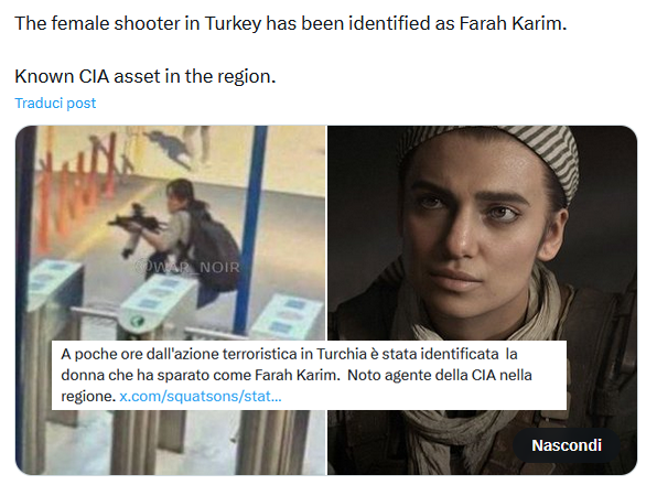 Questa non è la foto di un terrorista armato ad Ankara della CIA, ma la protagonista di un videogame