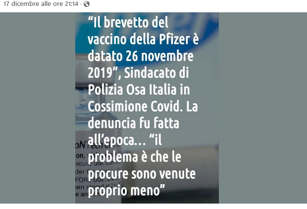 Il brevetto del vaccino Pfizer del 2019 non era un brevetto del vaccino Pfizer