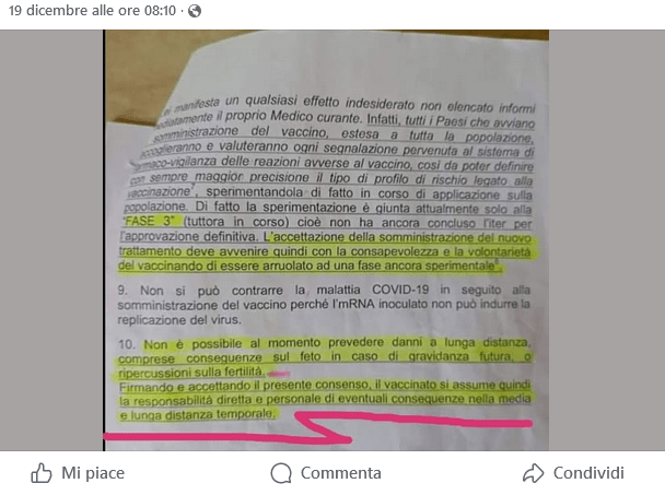 No, questo non è il modulo di consenso informato Pfizer che parla di "vaccino sperimentale"