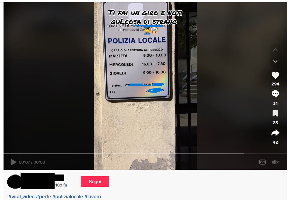 Utente di TikTok scopre la differenza tra orario di lavoro della Polizia Locale e ricevimento: segue clickbait