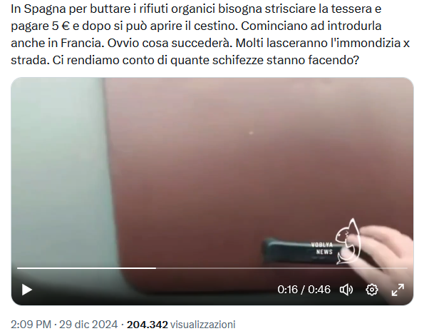 No, questo video conferma che l'Agenda 2030 obbliga a pagare 5 euro per aprire i cassonetti